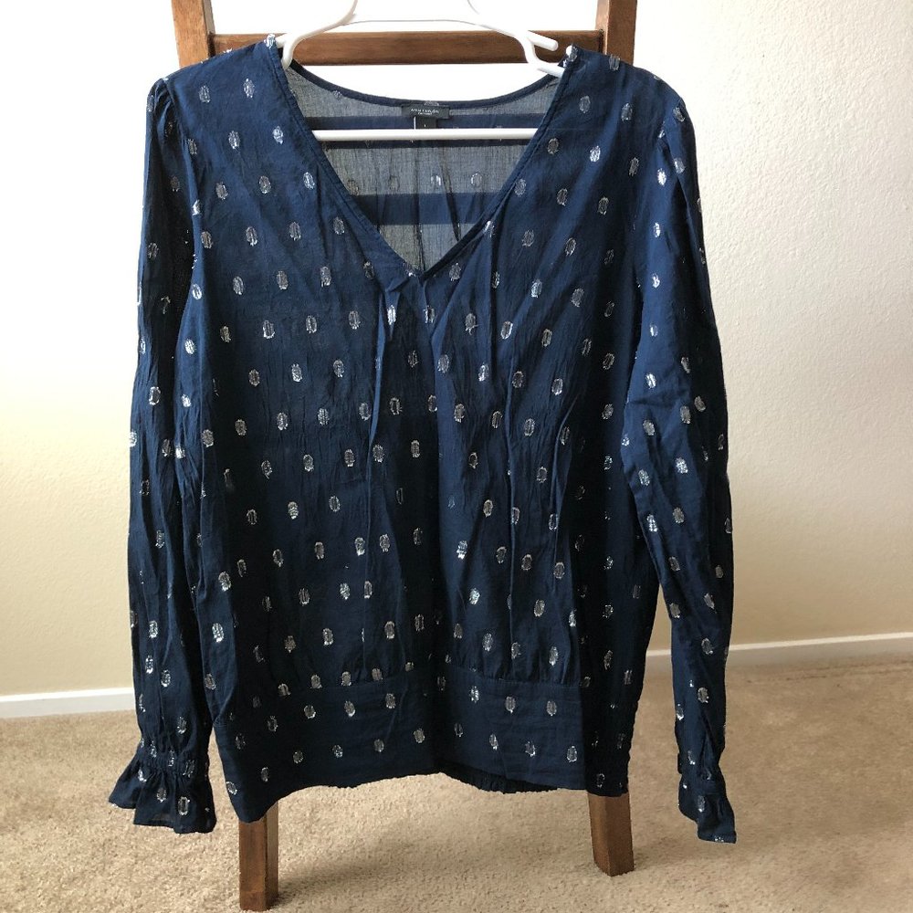 Ann Taylor Factory Long-Sleeve V-Neck Navy Shirt with Silver Dots - Size LARGE